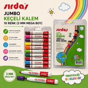 Yıkanabilir Jumbo Keçeli Kalem 10 Renk (3 Mm Uç Mega Boy)