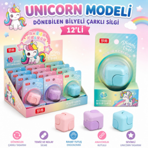 Unicorn Modeli Dönebilen Bilyeli Çarklı Pastel Renkler Silgi 12