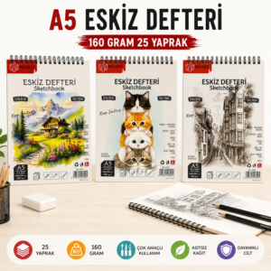 A5 Telli Eskiz Defteri 160 Gr 25 Sayfa 148*210 Mm 0 Pamuk Sayfa