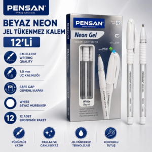Pensan Beyaz Neon Jel Tükenmez Kalem 12