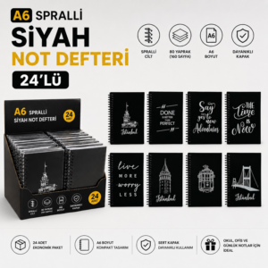 A6 Siyah Spralli Not Defteri 24