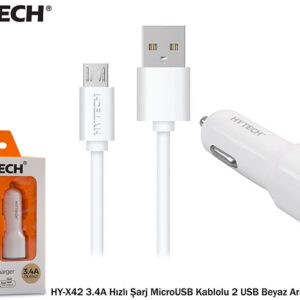 Hytech HY-X42 3.4A Hızlı Şarj MicroUSB Kablolu 2 USB Beyaz Araç Şarj Cihazı