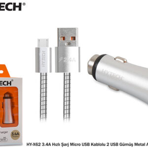 Hytech HY-X62 3.4A Hızlı Şarj Micro USB Kablolu 2 USB Gümüş Metal Araç Şarj Cihazı