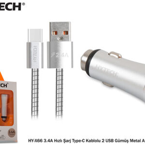 Hytech HY-X66 3.4A Hızlı Şarj Type-C Kablolu 2 USB Gümüş Metal Araç Şarj Cihazı