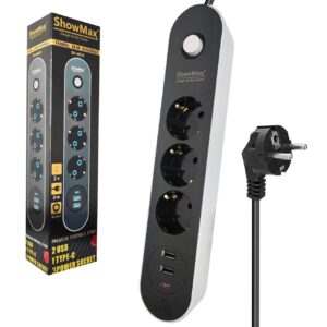 Showmax SH-4628 3-Outlet 2M 10A 2500W 2xUSB 1xType-C Surge Protected Power Strip