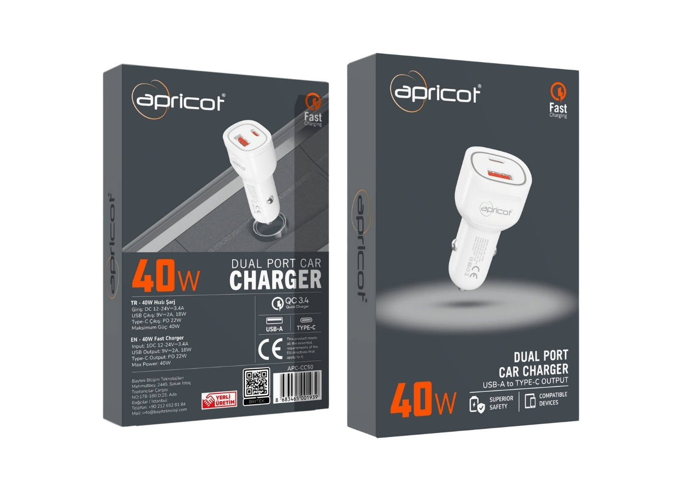 Apricot APC-CC50 40W PD Type-C & USB-A Çift Portlu Hızlı Şarj Özellikli Işıklı Araç İçi Şarj Cihazı