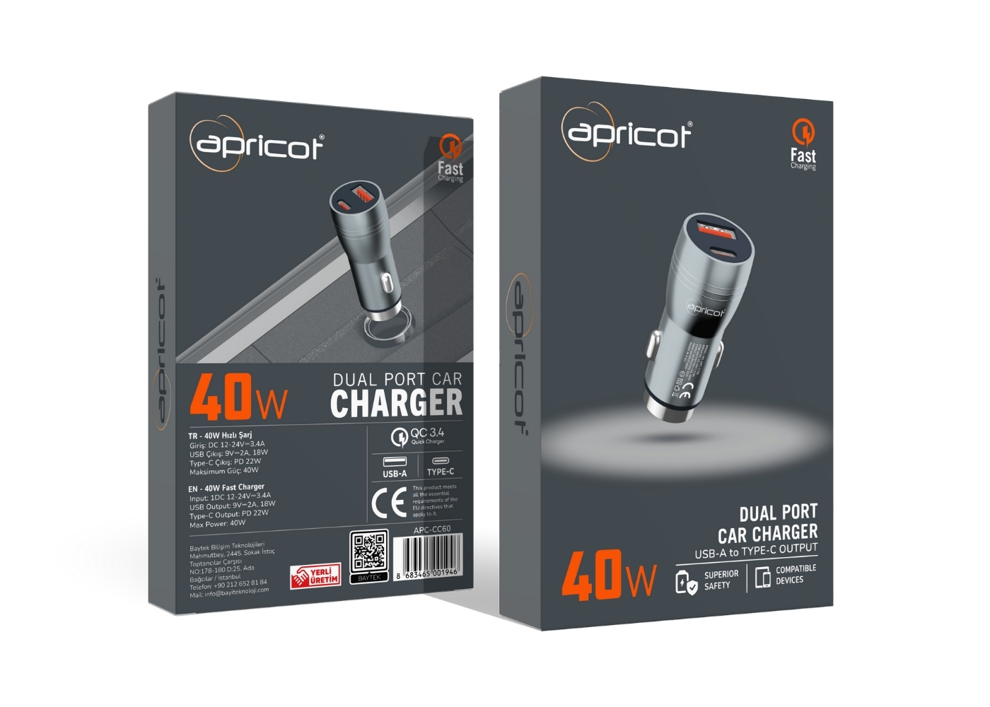 Apricot APC-CC60 40W PD Type-C & USB-A Çift Portlu Hızlı Şarj Özellikli Araç İçi Şarj Cihazı