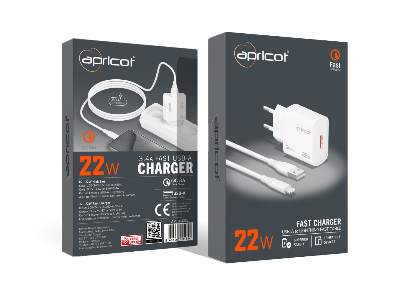 Apricot APC-U422L 22W Lightning Kablolu Beyaz Hızlı Ev Şarj Adaptörü Set