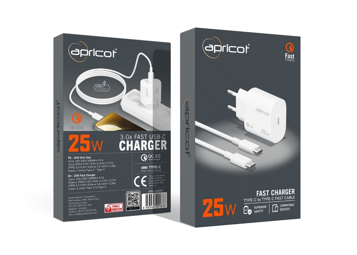 Apricot APC-U425T 25W PD Type-C Kablolu Beyaz Hızlı Ev Şarj Adaptörü Set