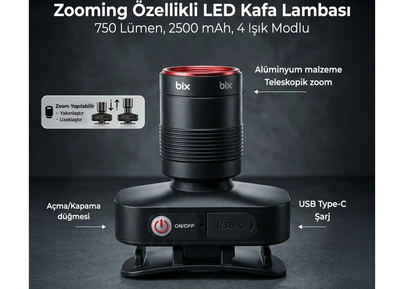 Bix BXT1FL Rechargeable 10W Headlamp - 750 Lumens 2500mAh 4 Lİght Modes LED Headlight - Black