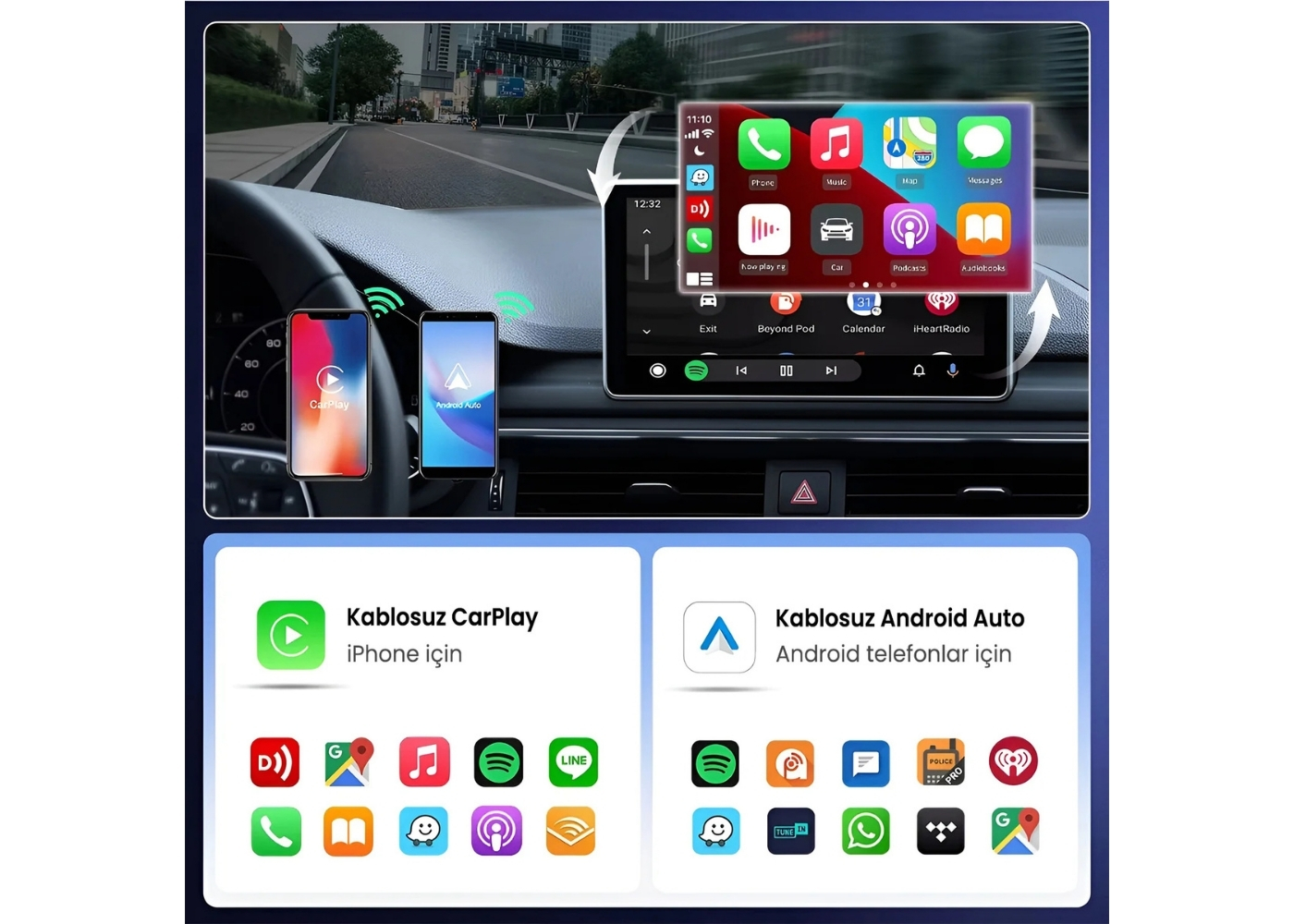 Bix CB02 2.4G/5G WiFi CarPlay Android Auto USB-A USB-C Çift Uçlu Hibrit Adaptör - Siyah