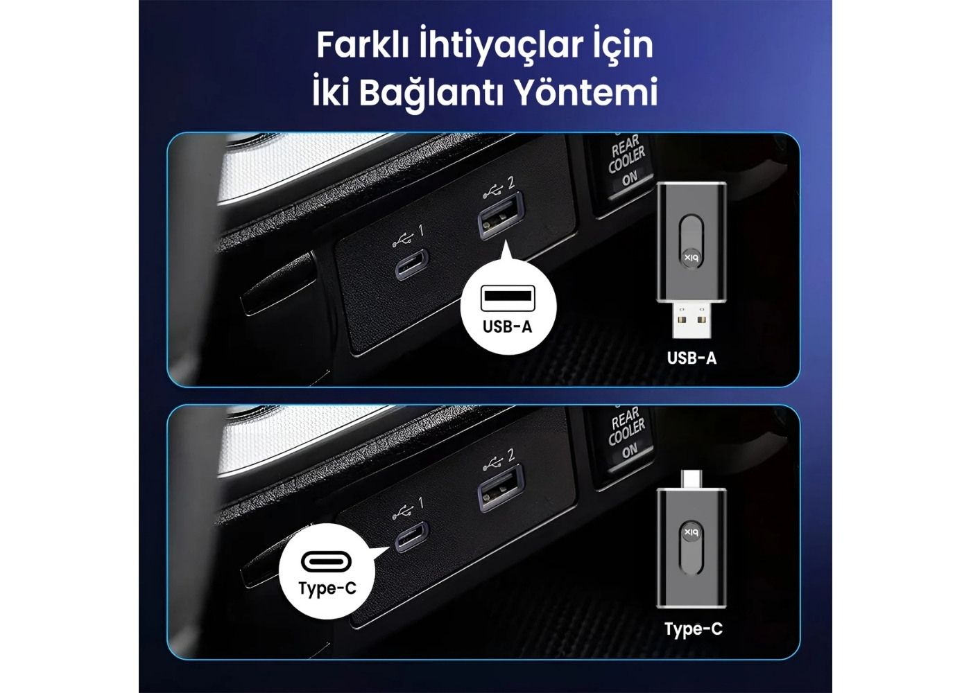 Bix CB02 2.4G/5G WiFi CarPlay Android Auto USB-A USB-C Çift Uçlu Hibrit Adaptör - Siyah