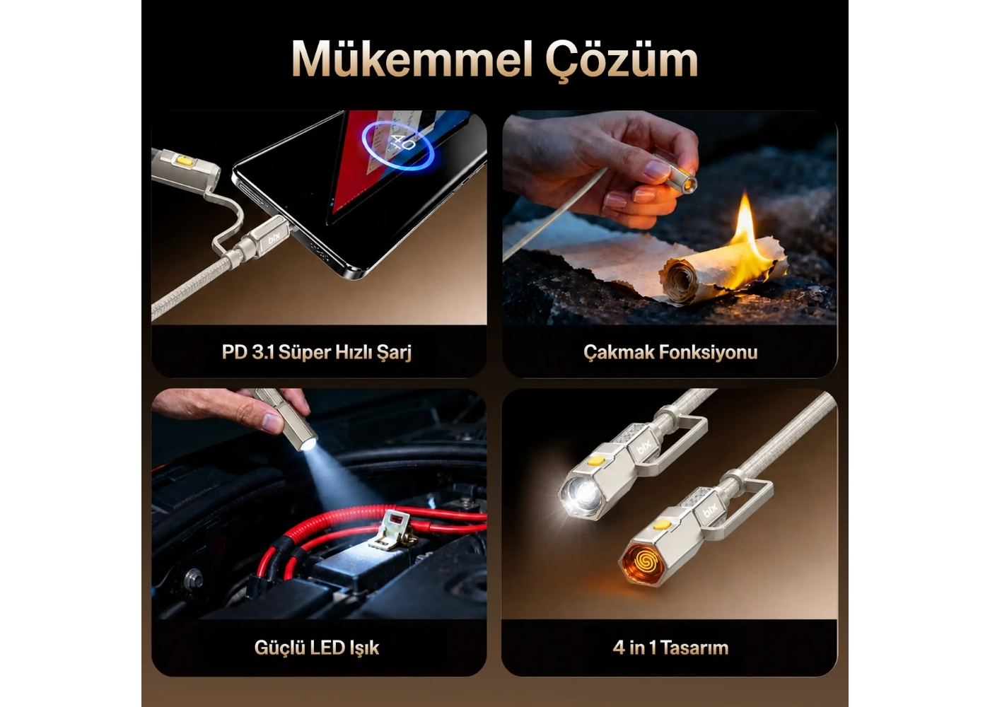 Bix T2IN1C 240W LED Fener ve Alevsiz Çakmak Fonksiyonlu Type-C To Type-C Şarj ve Data Kablosu 1.2 Metre Siyah