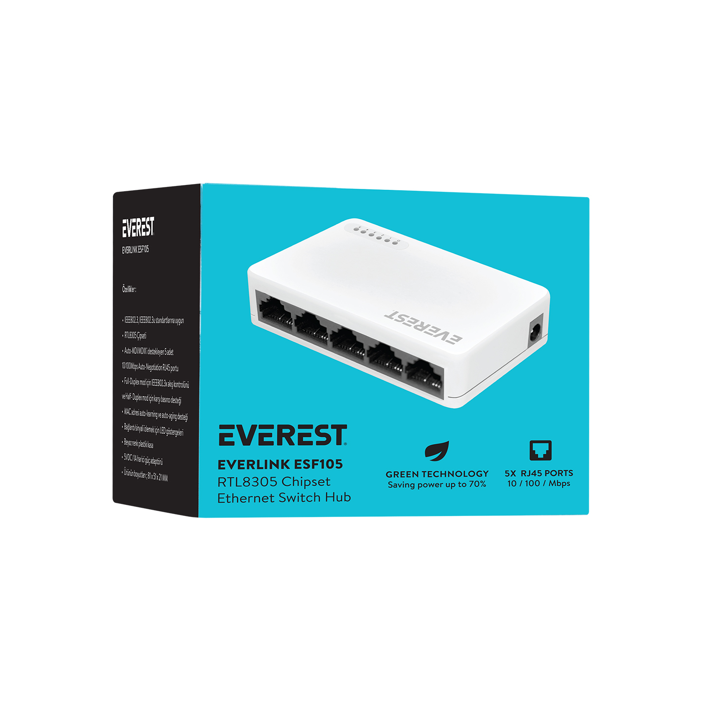 Everest Everlink ESF105 5 Port 10/100Mbps RTL8305 Chipset Fast Ethernet Masaüstü Switch Hub