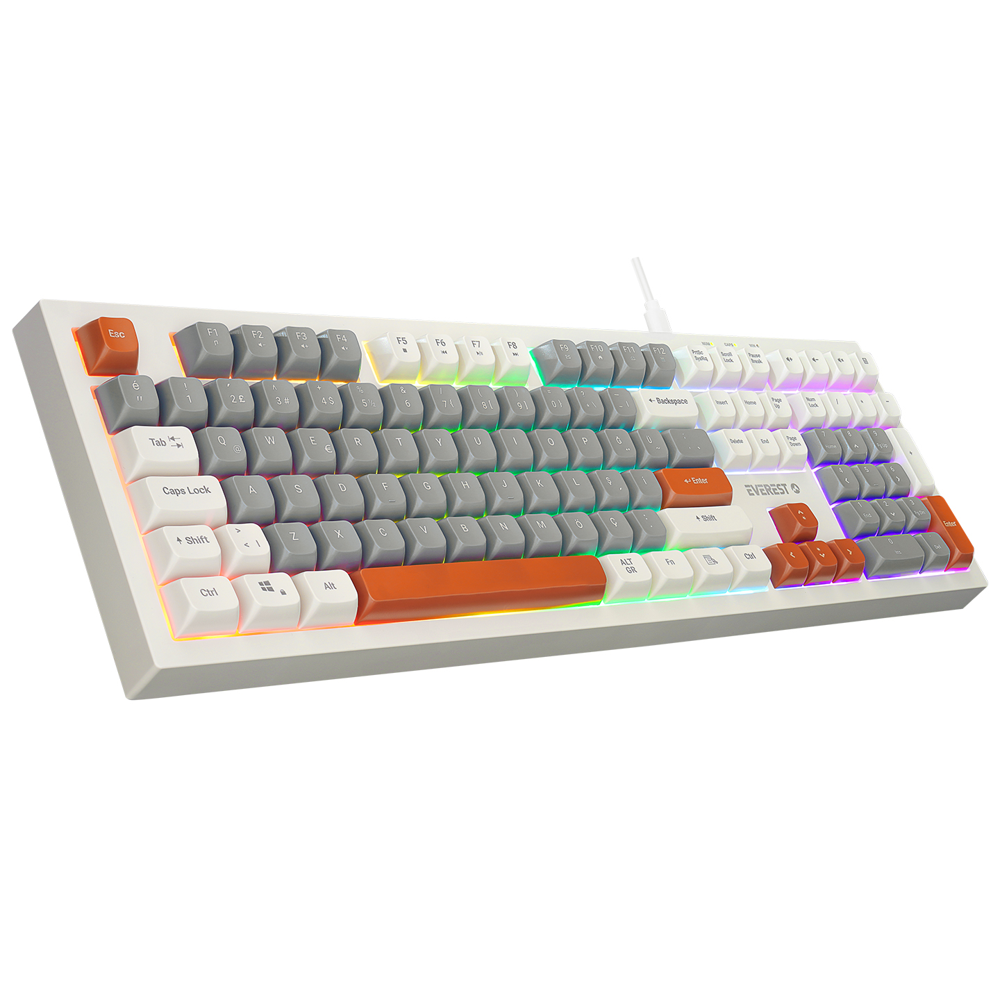 Everest KM-77 Runa Gri/Krem/Kahve Usb Rainbow Aydınlatmalı Sessiz Q Klavye + Mouse Set