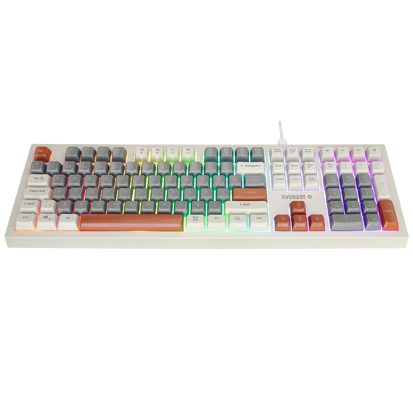 Everest KM-77 Runa Gri/Krem/Kahve Usb Rainbow Aydınlatmalı Sessiz Q Klavye + Mouse Set
