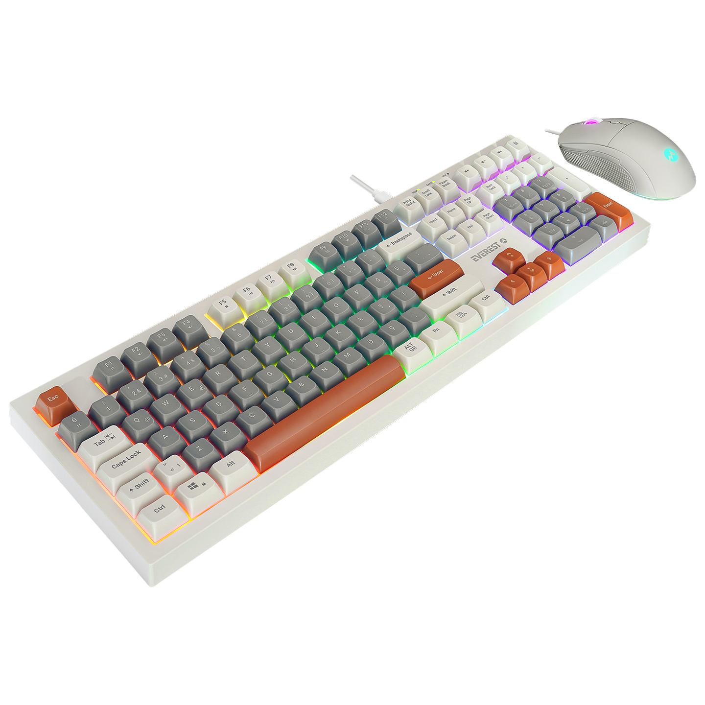 Everest KM-77 Runa Gri/Krem/Kahve Usb Rainbow Aydınlatmalı Sessiz Q Klavye + Mouse Set