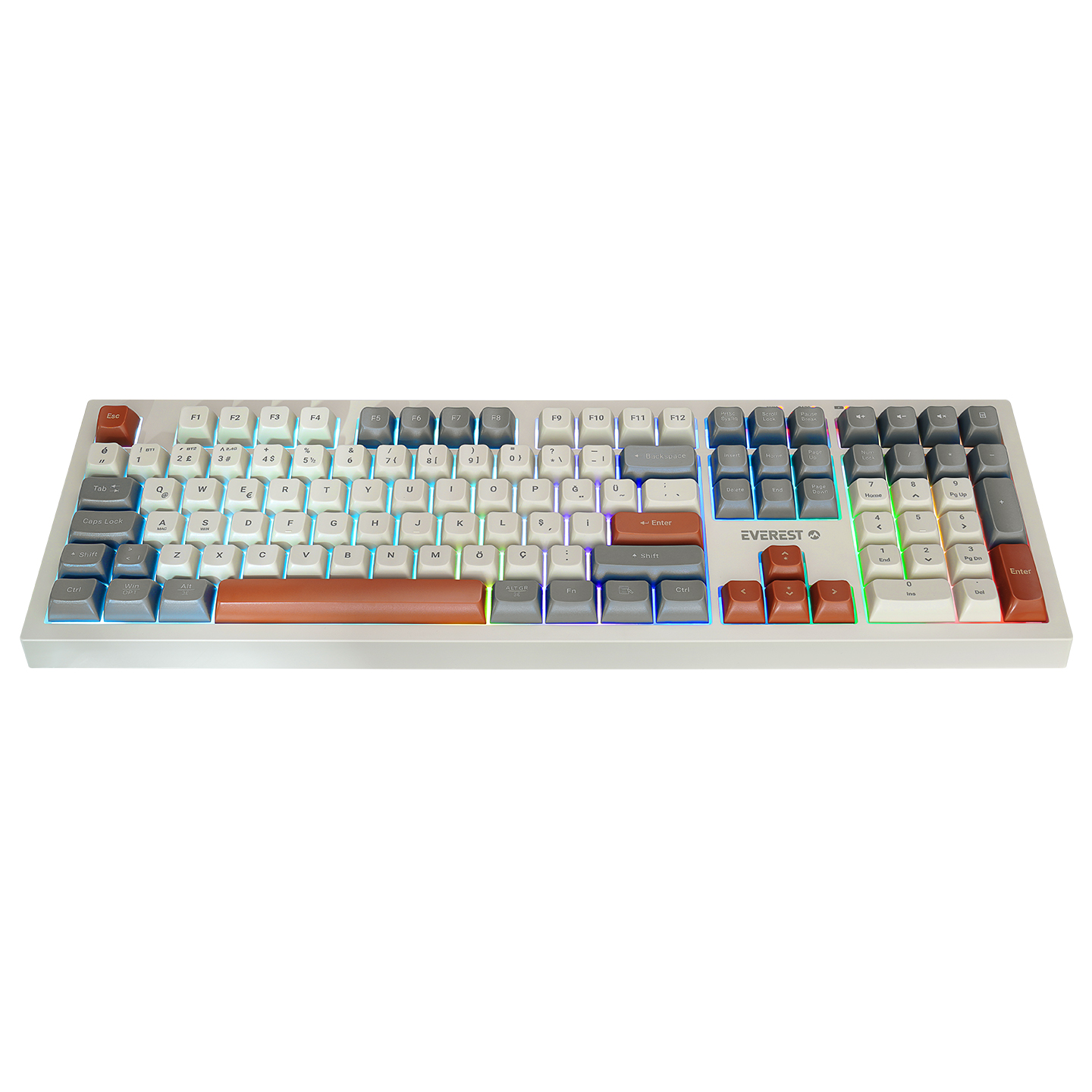 Everest KM-78 Rena Krem/Gri/Kahve Kablosuz 2.4 + BT RGB Aydınlatmalı Sessiz Q Su Sıçramasına Dayanıklı Klavye + Mouse Se