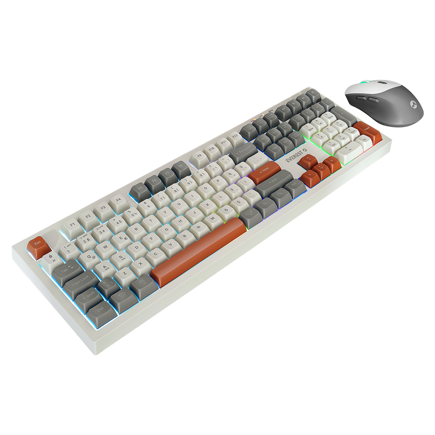 Everest KM-78 Rena Krem/Gri/Kahve Kablosuz 2.4 + BT RGB Aydınlatmalı Sessiz Q Su Sıçramasına Dayanıklı Klavye + Mouse Se
