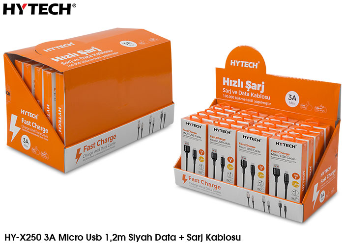 Hytech HY-X250 3A Micro Usb 1,2m Siyah Data + Sarj Kablosu