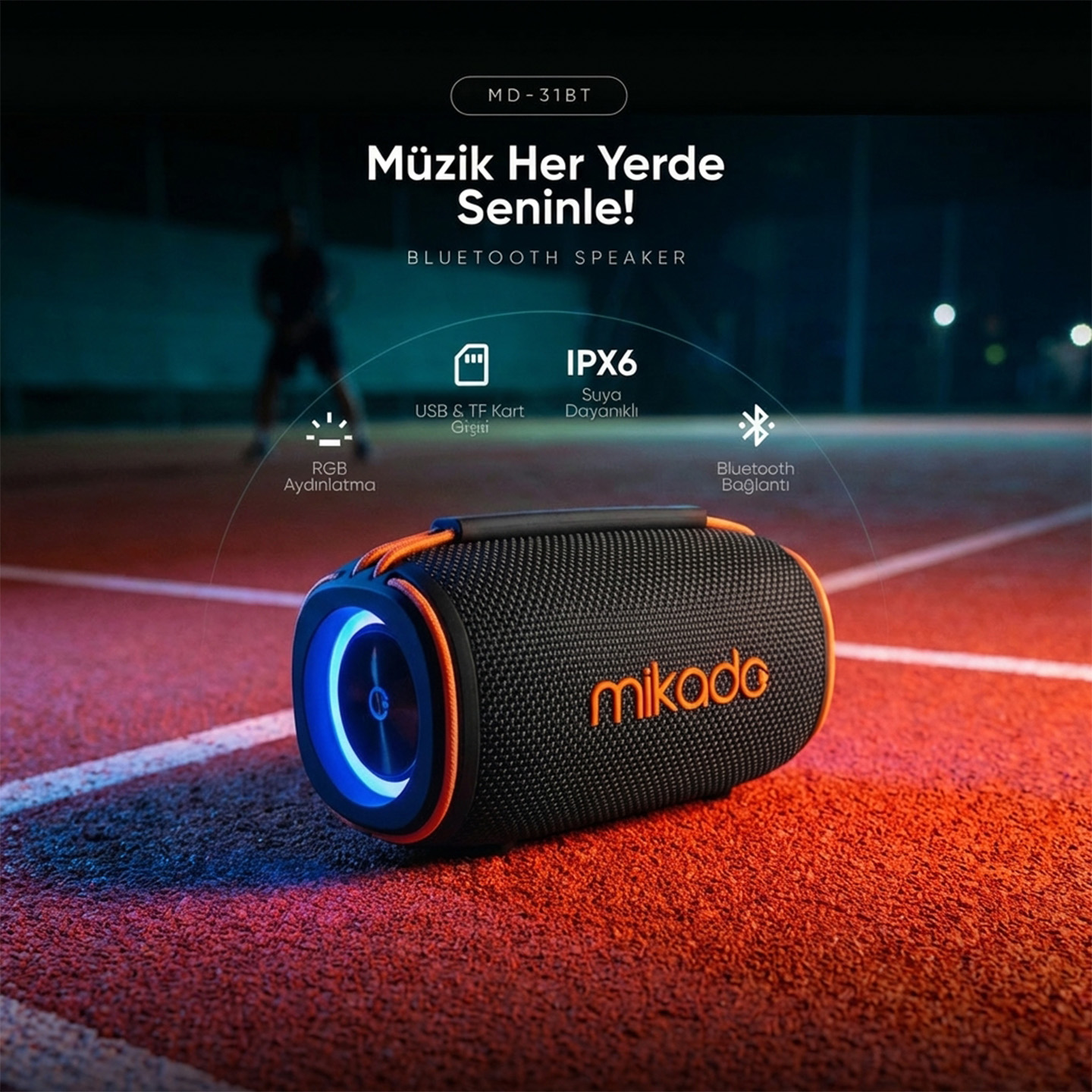Mikado MD-31BT Siyah IPX6 15W RGB Işıklı 2400mAh TF KART+USB Destekli Bluetooth Hoparlör
