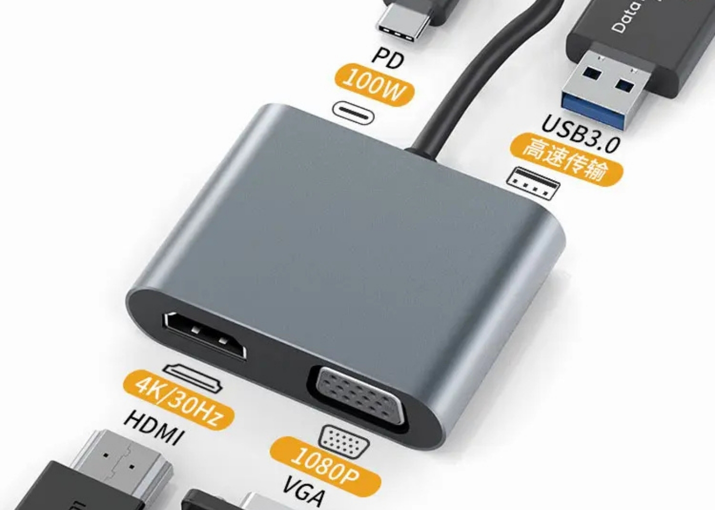 Platoon PL-5565 4 In 1 Type C To, PD+HDMI+VGA+USB3.0 Çevirici Hub Adaptör Çevirici
