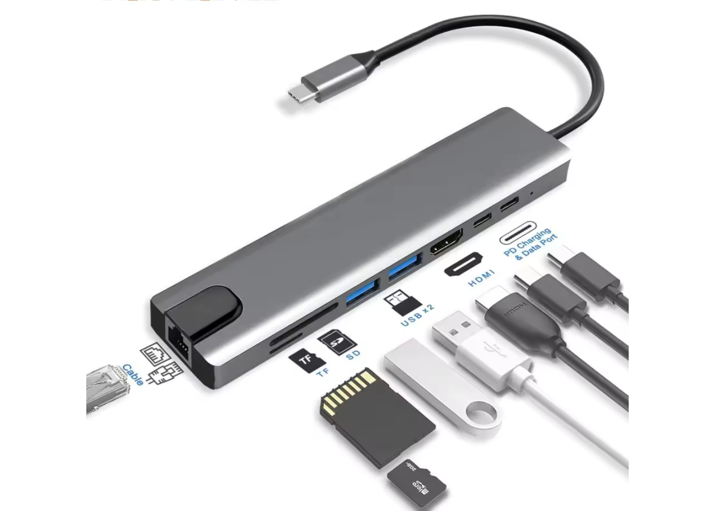 Platoon PL-5575 4K@30Hz Gri Metal 2xUSB3.0, 1xUSB2.0, 1000Mbps PD, TypeC Data, SD/TF Kart Okuyucu Type C Adaptör Çeviric