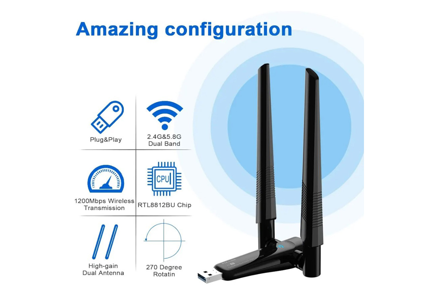 Platoon PL-9340 AC1200 867Mbps 5GHz + 300Mbps 2.4 GHz Çift Anten Wireless USB Adaptör