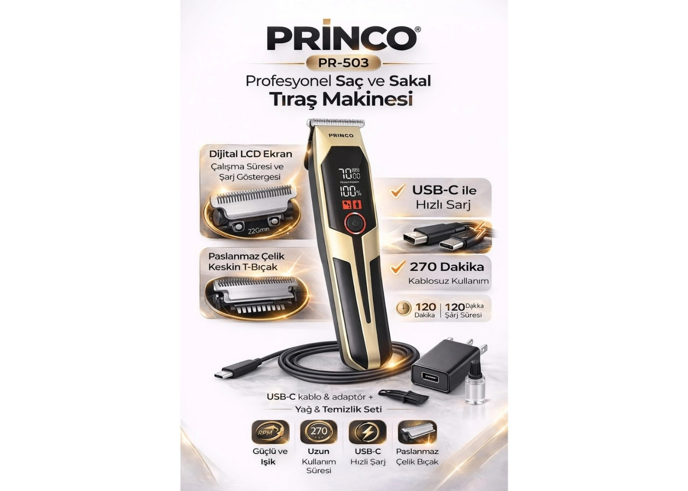 Princo PR-503 Profesyonel Saç Sakal Tıraş Makinesi