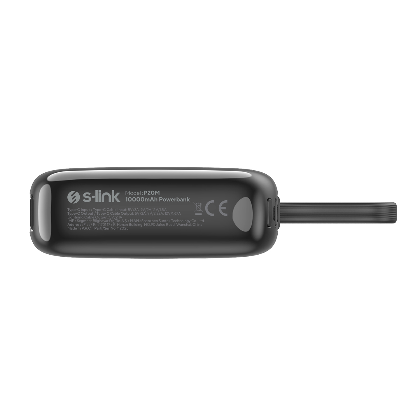 S-Link P20M 10000mAh PD20W Type-C Kablolu Siyah LCD Taşınabilir Pil Şarj Cihazı Powerbank