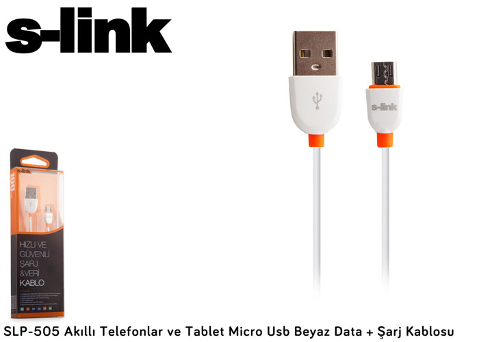 S-Link SLP-505 Akıllı Telefonlar ve Tablet Micro Usb Beyaz Data + Şarj Kablosu
