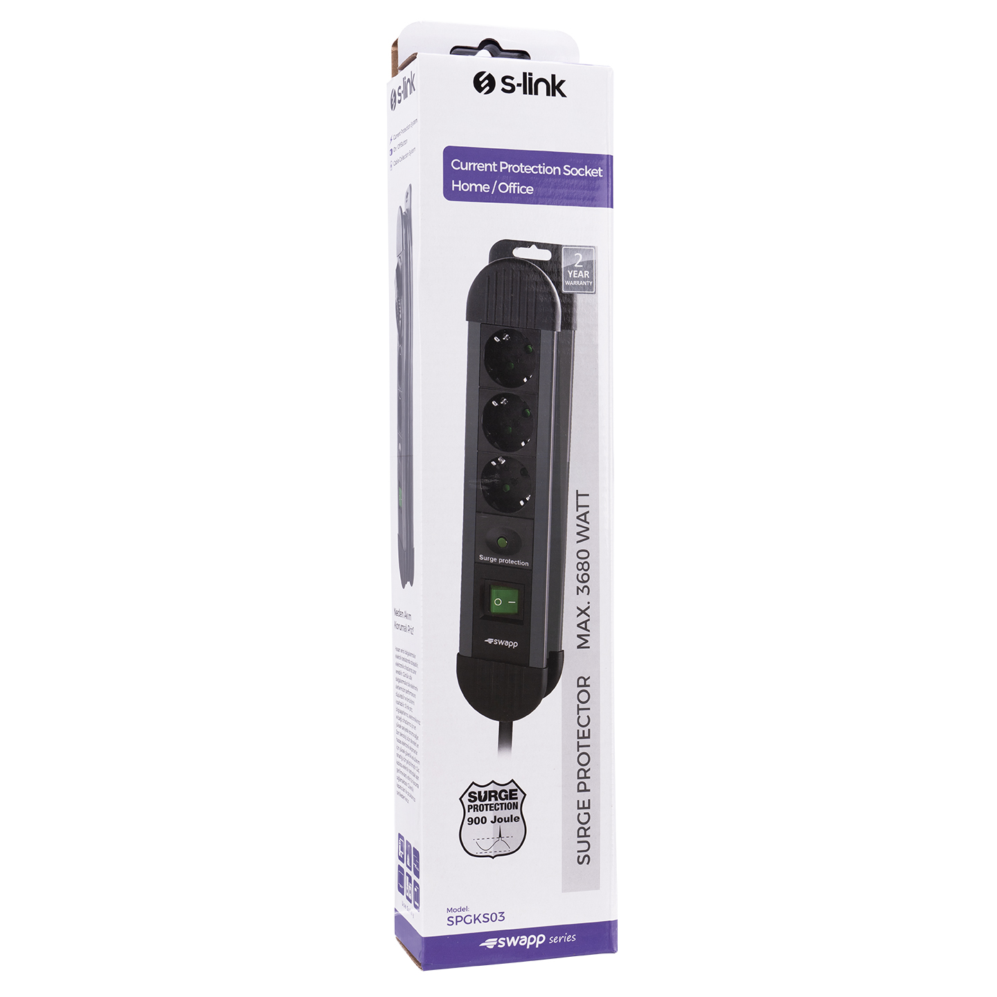 S-Link Swapp SPGKS03 1.5m 3G1.5mm2 900 Joule 3Lü Akım Kor. Gri Priz Çoklayıcı