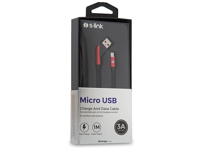 S-Link Swapp SW-C570 1M 3A Micro Usb Çapraz Uçlu Siyah/Kırmızı Şarj Kablosu