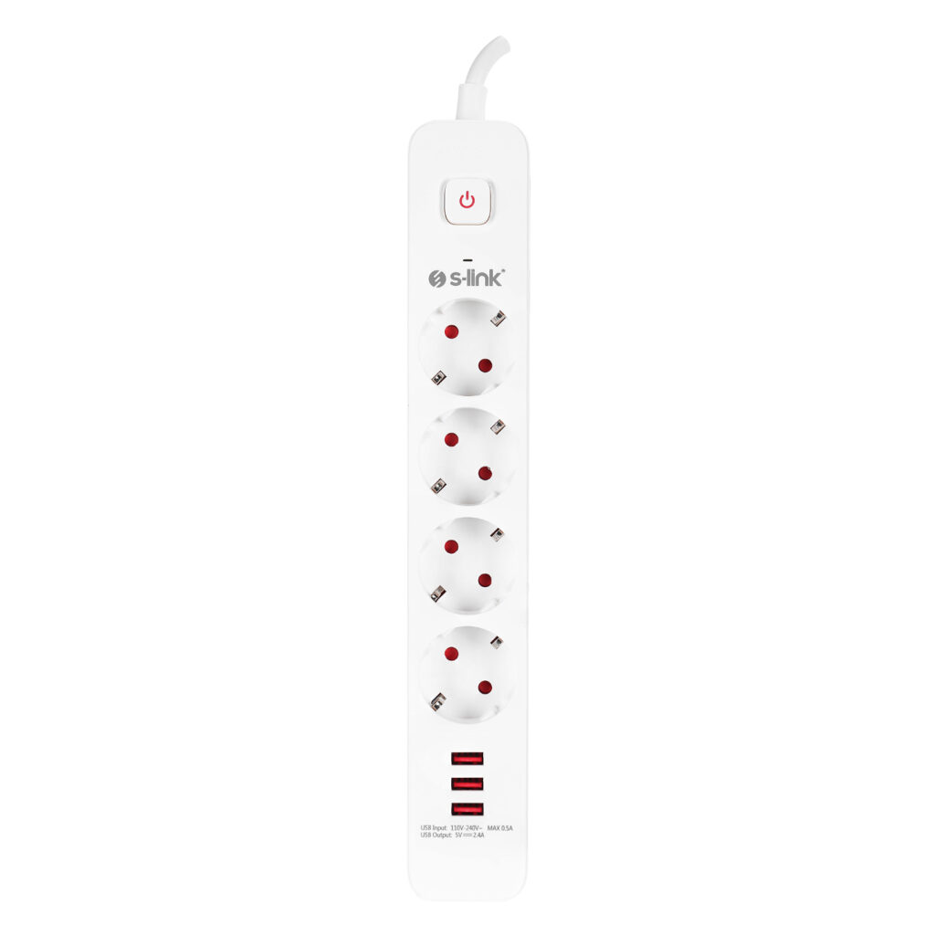 S-link SPG403U 1.5m 1.5mm 100% Bakır 750 Joule 3 Usb 5V2.4A 4lü Anahtarlı Akım Korumalı Priz