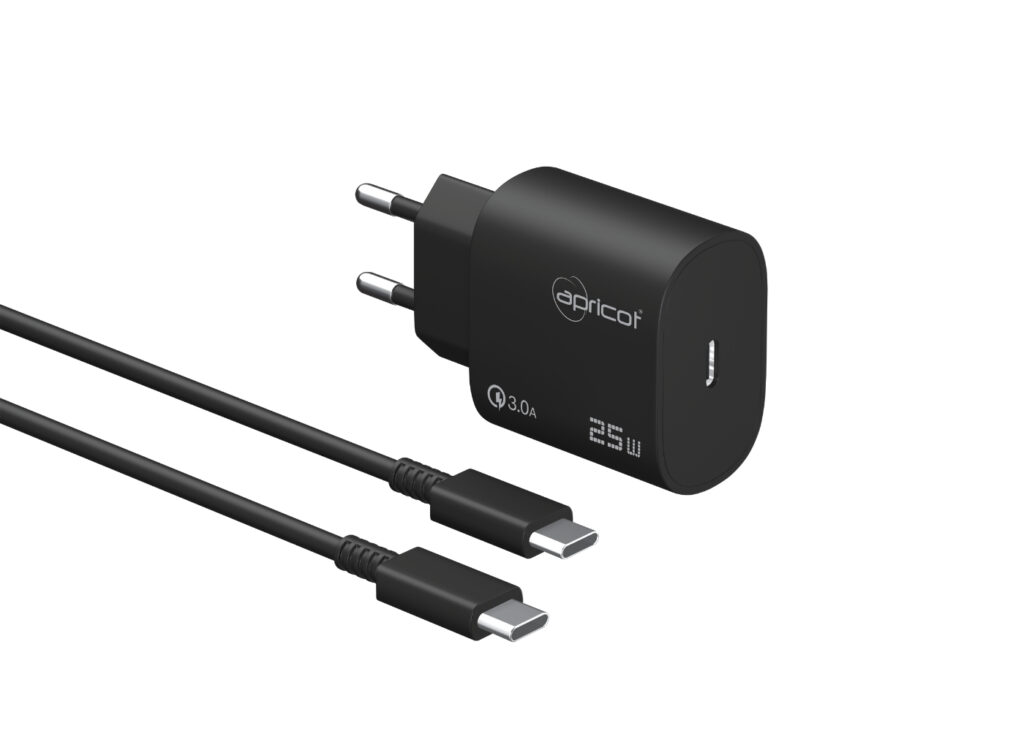 Apricot APC-U425T/B 25W PD Type-C Kablolu Siyah Hızlı Ev Şarj Adaptörü Set