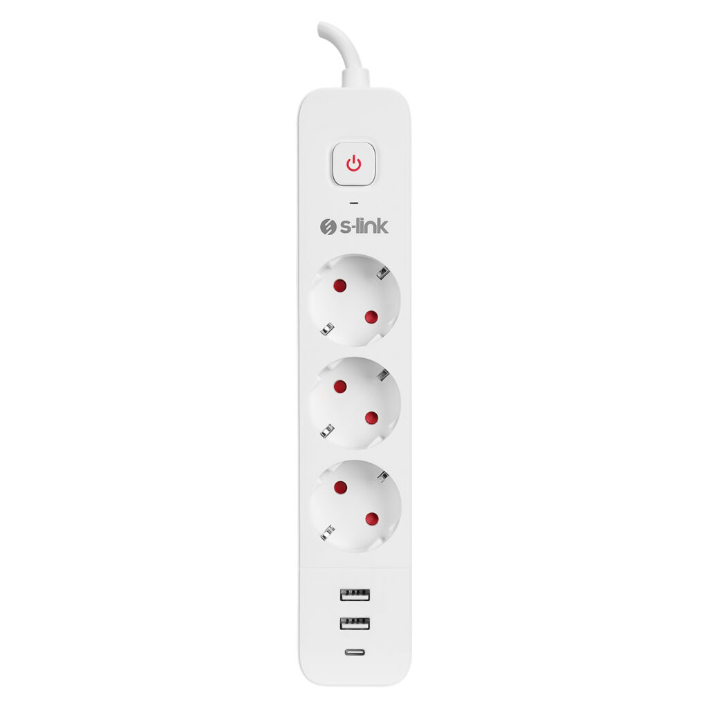S-link SPG3-PD20 2 USB 3.4A + 1 Type C PD20W H05VV-F 3G1.0mm, 1.5m 3 lü 306 J Akım Korumalı Beyaz + Gri Priz