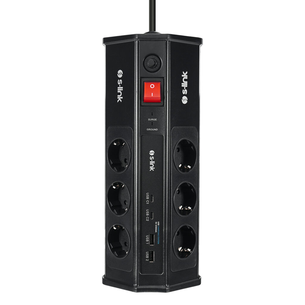 S-link PRZ03 PrizHive 3M 630 Joule 1.5mm 2 USB 2 TypeC 2.4A/5V 500V 6000V 6lı Akım Korumalı Priz