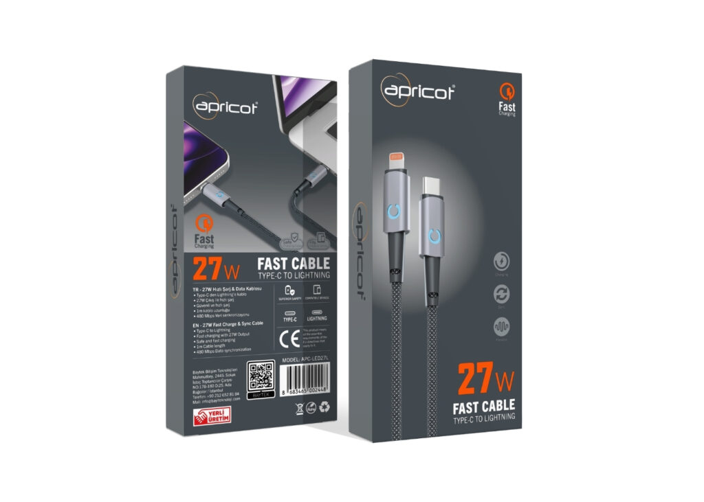 Apricot APC-LED27L Type-C to Lightning 27W LED Işıklı Hızlı Şarj + Data Kablosu