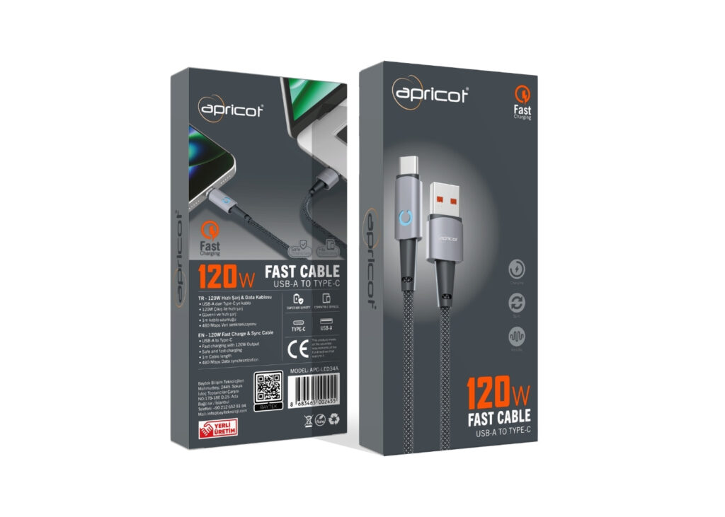 Apricot APC-LED34A USB to Type-C 3.4A LED Göstergeli Hızlı Şarj + Data Kablosu