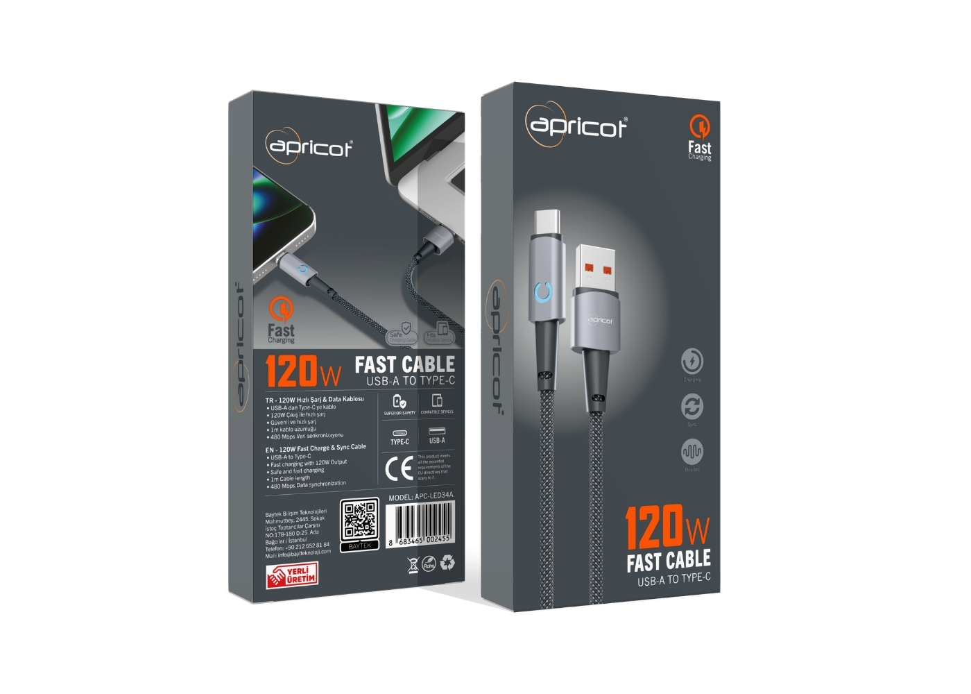 Apricot APC-LED34A USB to Type-C 3.4A LED Göstergeli Hızlı Şarj + Data Kablosu