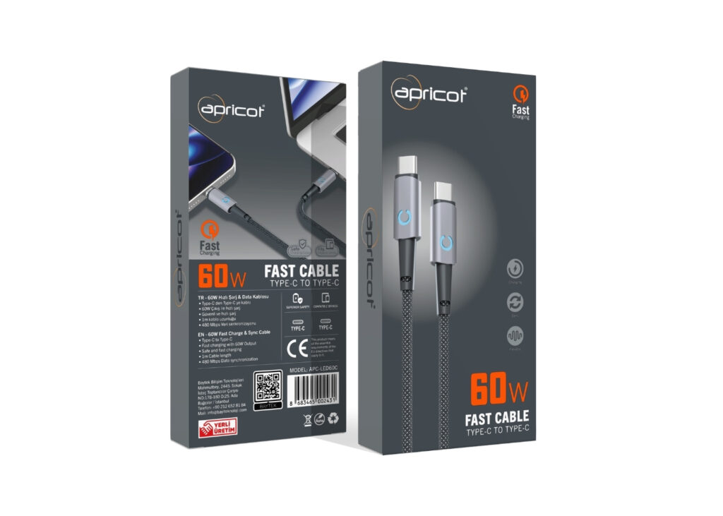 Apricot APC-LED60C Type-C to Type-C 60W LED Işıklı Hızlı Şarj ve Data Kablosu