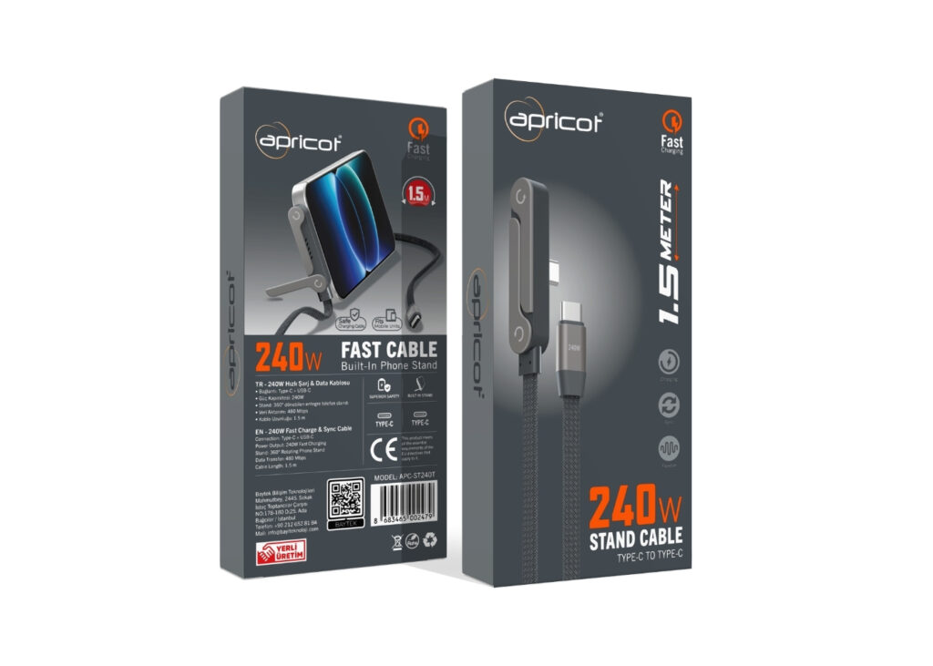 Apricot APC-ST240T Telefon Standlı Type-C to Type-C 240W Hızlı Şarj + Data Kablosu