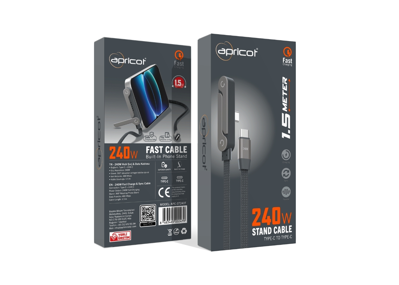 Apricot APC-ST240T Telefon Standlı Type-C to Type-C 240W Hızlı Şarj + Data Kablosu