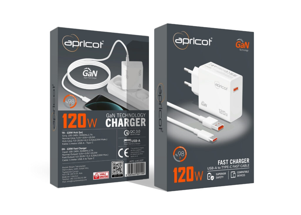 Apricot APC-U4120T 120W GaN Type-C Kablolu Beyaz Ev/Notebook/ Şarj Adaptörü Set