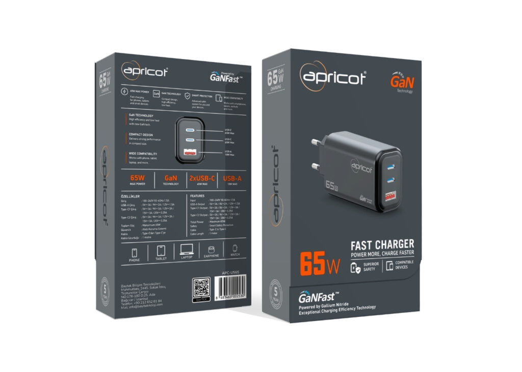 Apricot APC-U565 65WATT ÇİFT TYPE-C VE USB ÇIKIŞLI ŞARJ ADAPTÖRÜ