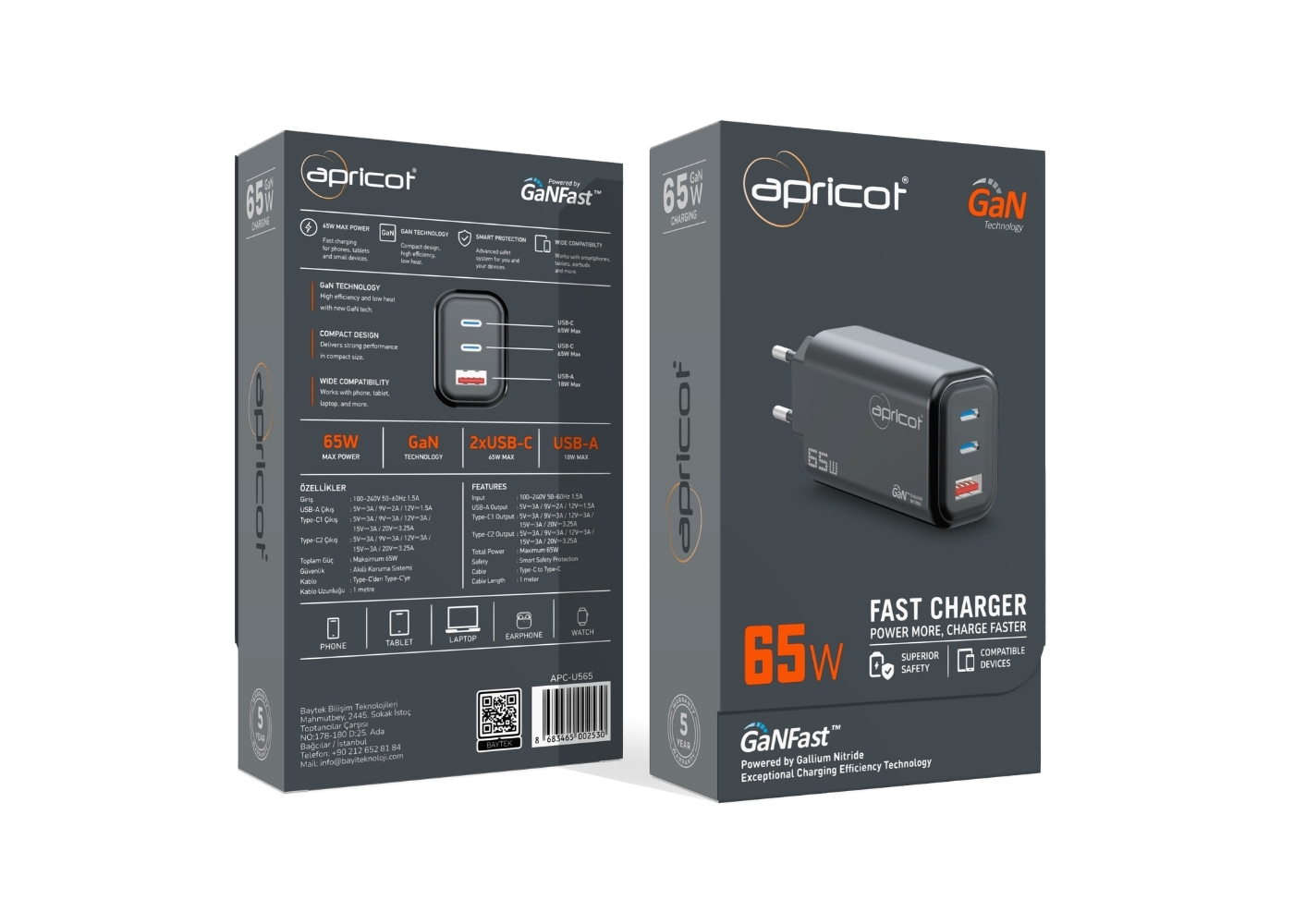 Apricot APC-U565 65WATT ÇİFT TYPE-C VE USB ÇIKIŞLI ŞARJ ADAPTÖRÜ