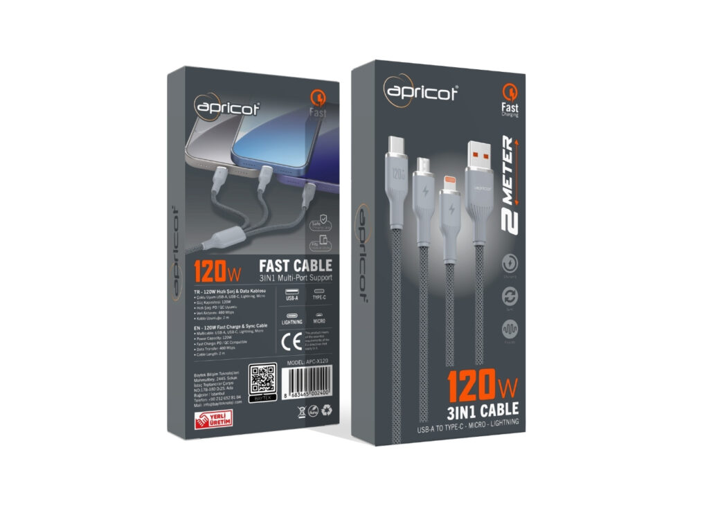 Apricot APC-X120 3in1 USB-A to Type-C + Lightning + Micro USB 120W Hızlı Şarj + Data Kablosu