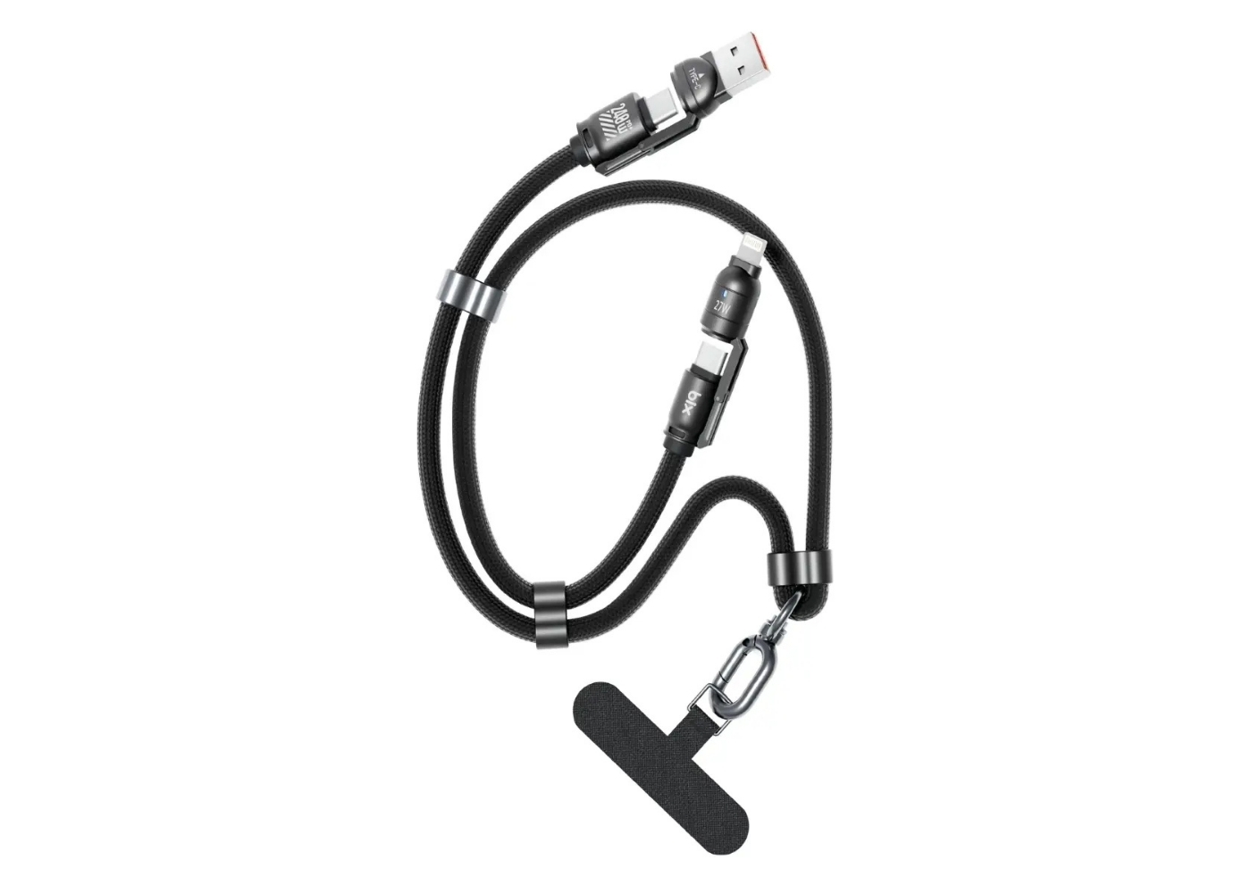 Bix BX5IN1C 240W Hızlı Şarj Kablosu 1.5m Örgülü Askı İpli - Siyah