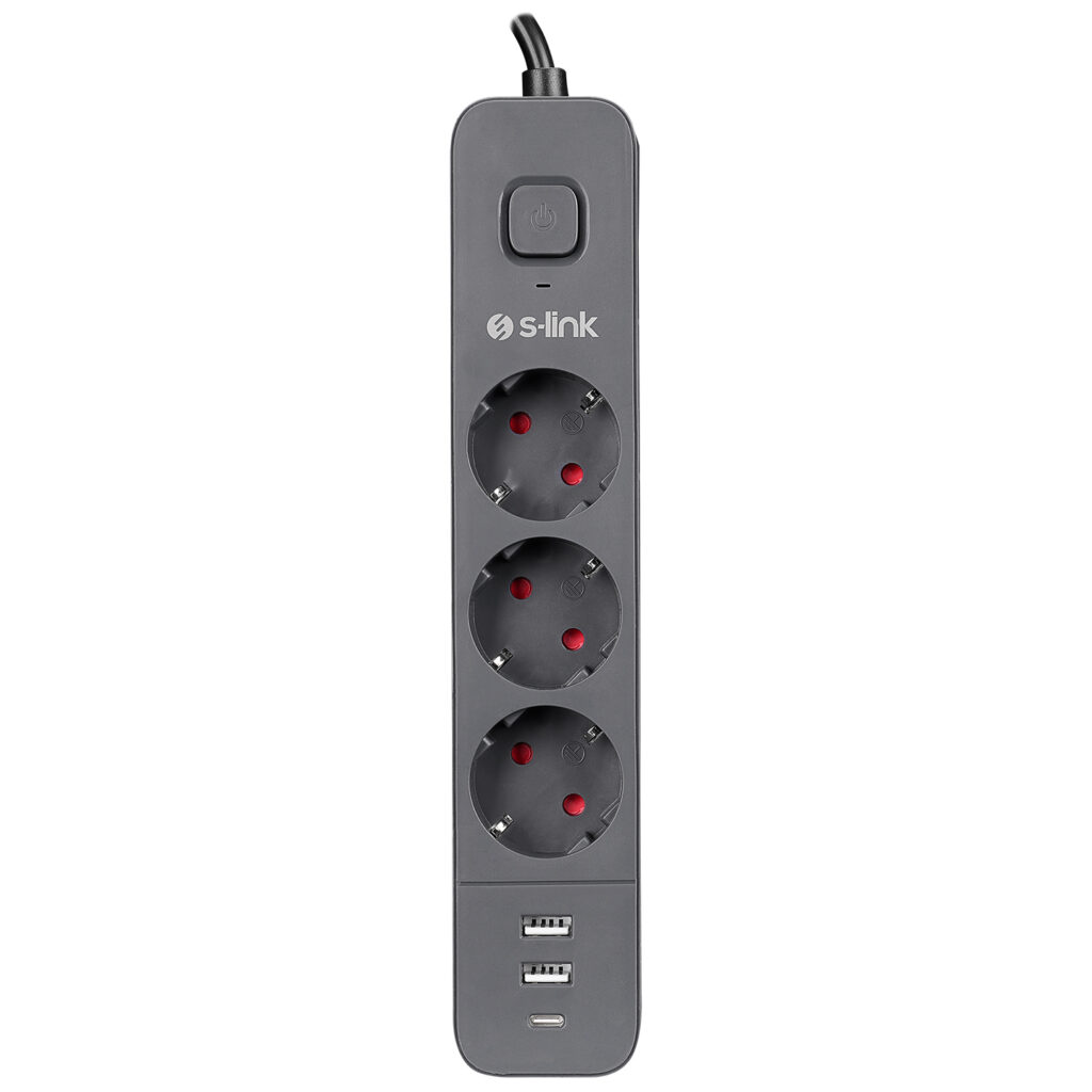 S-link SPG03U 2 Usb +1Type C 5V2.4A 1.5m 3x1.00mm 100% Bakır 750 Joule 3 lü Anahtarlı Akım Korumalı Siyah Priz