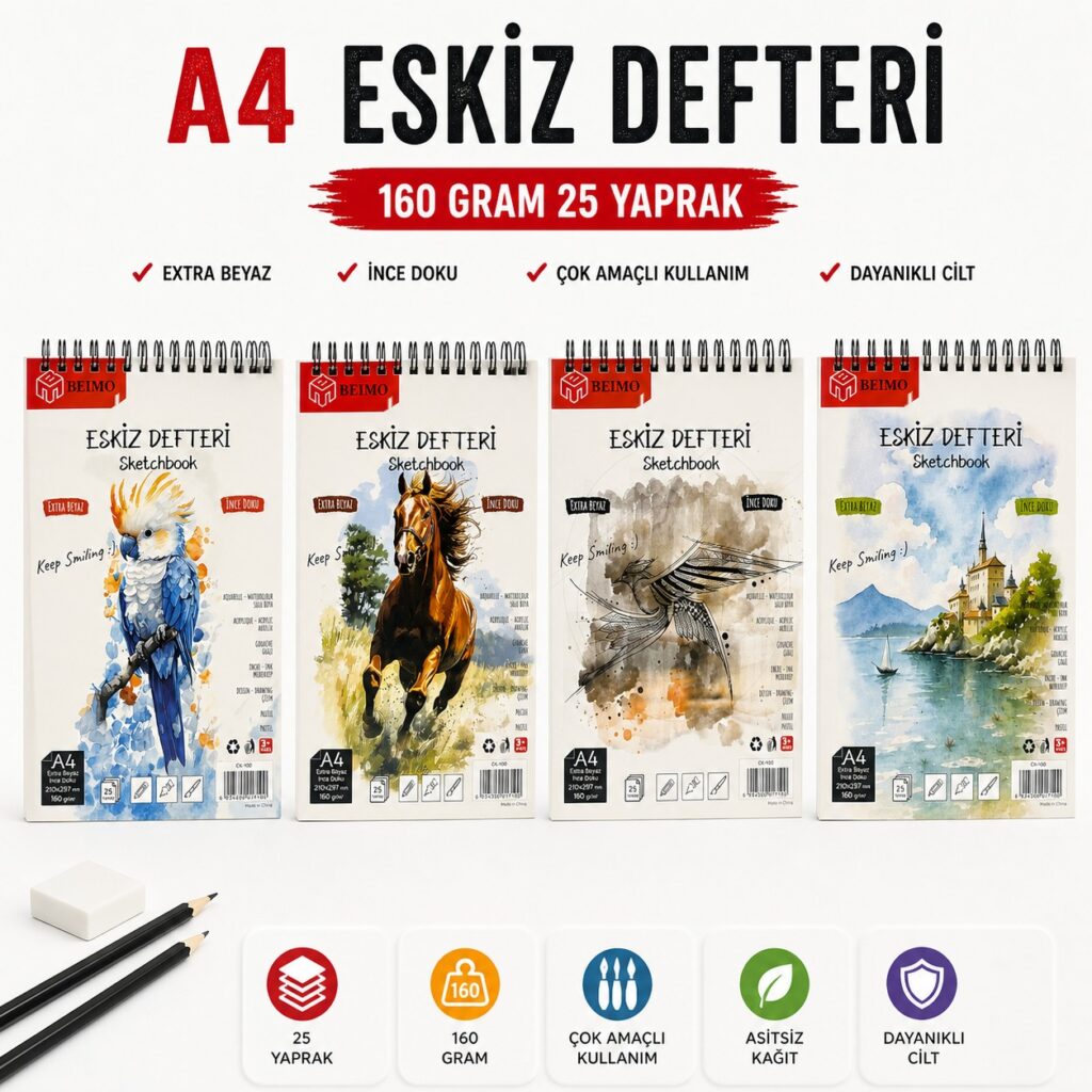 A4 Telli Eskiz Defteri 160 Gr 25 Sayfa 210*297 Mm 0 Pamuk Sayfa